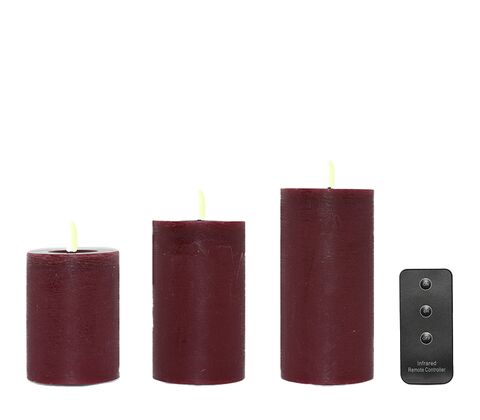 Enjoy LED bloklys med fjernbetjening bordeaux 3 stk Ø7,5 cm