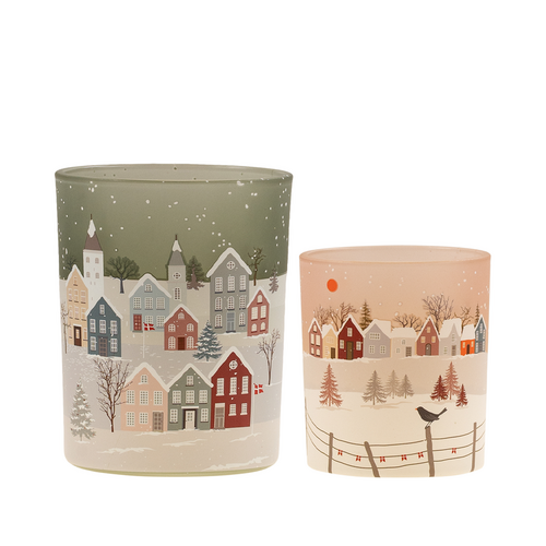 Det Gamle Apotek Cozy Winter fyrfadsstager med julemotiv glas blå/pink 2 stk.