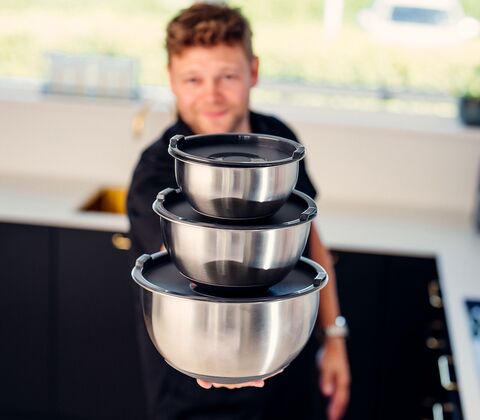 Sobczyk røreskålesæt med låg og silikonebund 3 stk. rustfrit stål