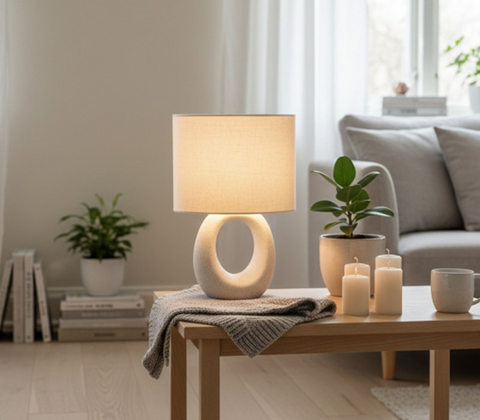 Lampe med keramikfod og tekstilskærm